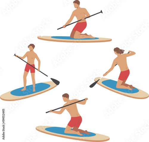 Black silhouette illustration of four individuals paddleboarding in varied poses, showcasing sport, recreation, teamwork, balance, fitness, and outdoor lifestyle.