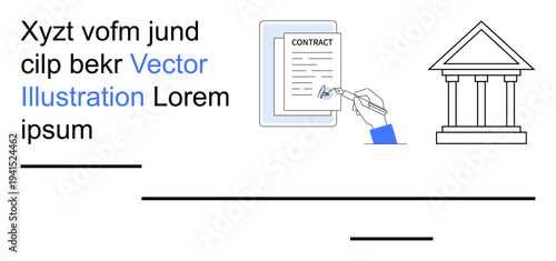 Legal agreements, business contracts, corporate processes, documentation, government policies, law enforcement. Pen signing a contract near a courthouse. Legal agreements and business contracts