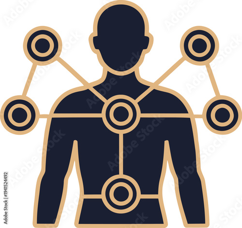 Human Body Digital Network Silhouette Illustration Representing Health Monitoring and Wearable Technology Data Points on a White Background.