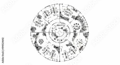 Circular architectural plan sketch of a modern office space with distinct zones and green areas