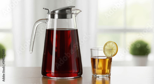 Glass Pitcher and Drink with Lemon Slice Refreshing Beverage.