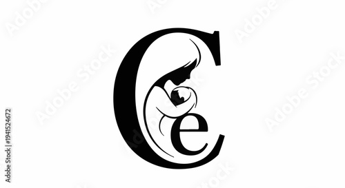 Elegant silhouette of a mother holding her baby within a stylized letter C