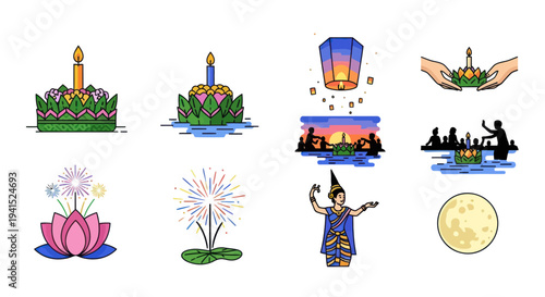 Collection of Thai Loy Krathong Festival Illustrations and Symbols.