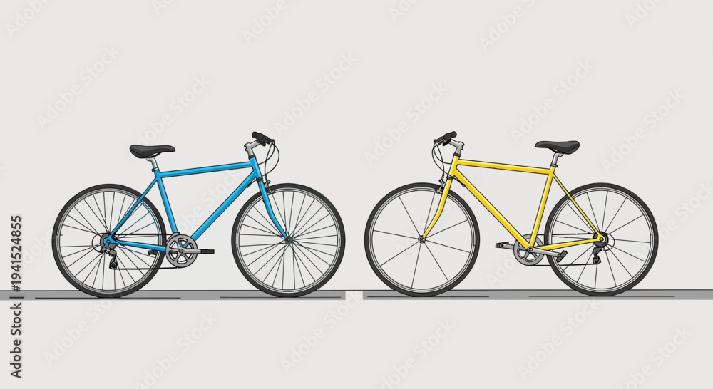Fototapeta premium Two colorful bicycles, blue and yellow, showcased side by side on a neutral background.