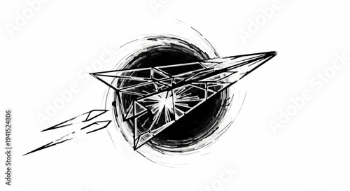 Geometric paper airplane launches through a dark, abstract vortex, symbolizing innovation and forward momentum.