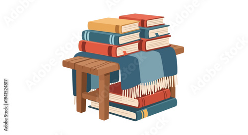 A Stack of Colorful Books Resting on a Wooden Stool Covered by a Cozy Blue Blanket