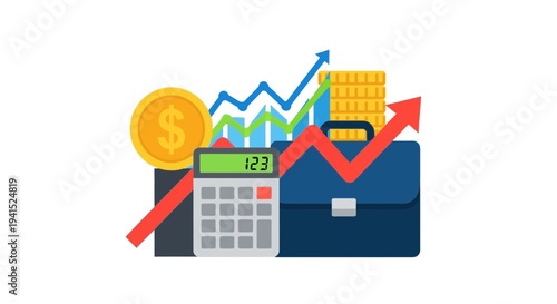 Financial Growth Concept with Calculator, Briefcase, Charts, and Coin Stack