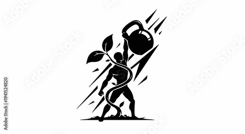 Silhouette of a person lifting a kettlebell with a growing plant entwined, symbolizing strength and growth.