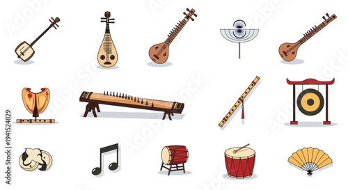 Collection of Traditional Chinese Musical Instruments Isolated on White.