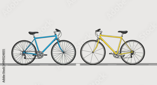 Two colorful bicycles, blue and yellow, showcased side by side on a neutral background.