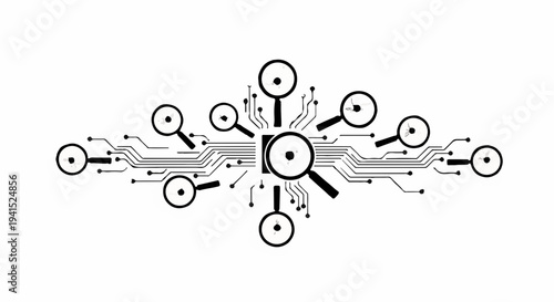 Digital circuit board with magnifying glasses symbolizing data analysis and cybersecurity