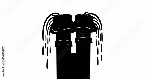 Dramatic black silhouette of twin chimneys spewing dark smoke against a white background