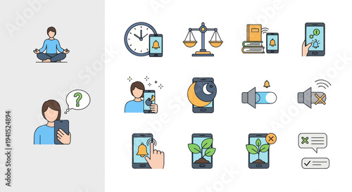 Collection of Colorful Flat Design Icons Representing Various Mobile App Functions.