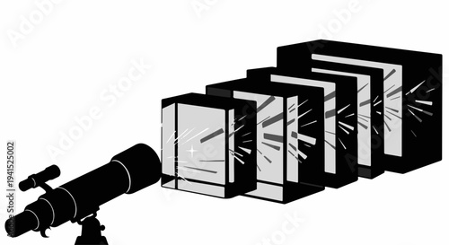 Telescope observing light passing through multiple lenses, illustrating scientific optics and discovery.