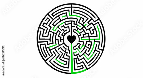 Circular maze with green path leading to a central heart symbol, representing a journey of love or connection.