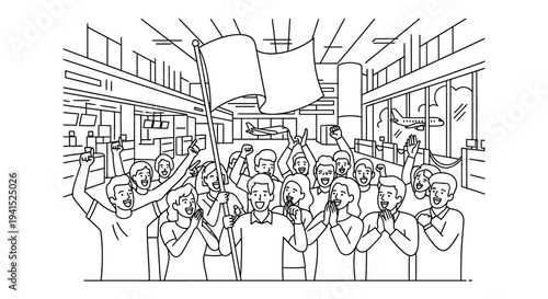 Excited Crowd Cheering with Flag at Airport Arrival Gate