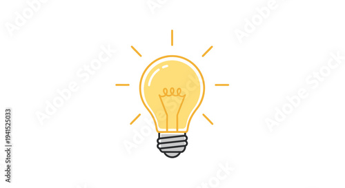 Glowing Yellow Cartoon Light Bulb Illustration with Radiating Light Rays.