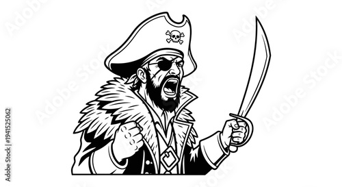 Fierce Pirate Captain with Eyepatch and Cutlass, Shouting Aggressively