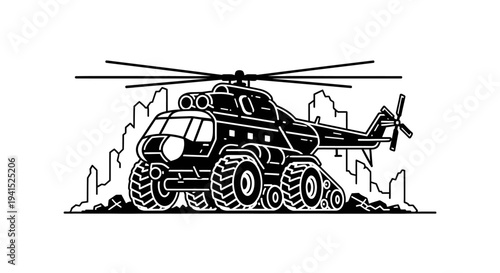 Futuristic Helicopter Truck Hybrid Vehicle with Large Wheels and Tracks, Off-Road Adventure