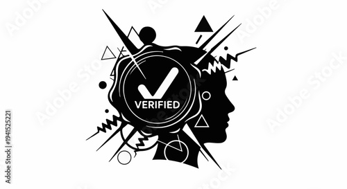 Verified idea in a creative mind, abstract shapes bursting from a profile silhouette