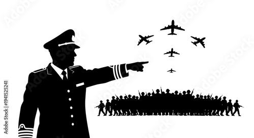 Military Commander Directs Air Force and Ground Troops in Strategic Formation