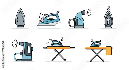 Collection of Various Household Irons and Steamers for Laundry.