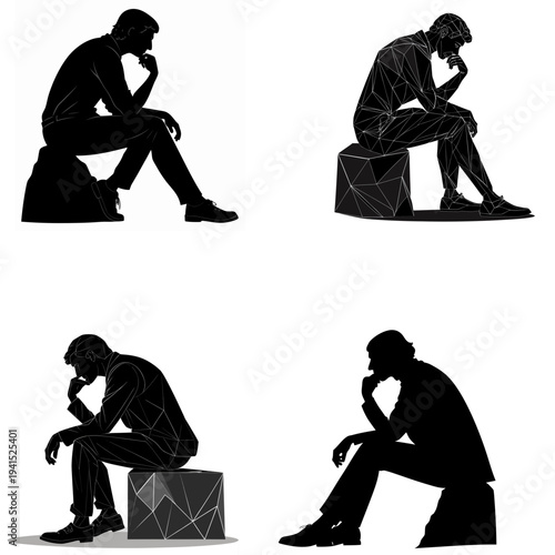 minimalist melancholic man silhouette contemplative thinker vector icon