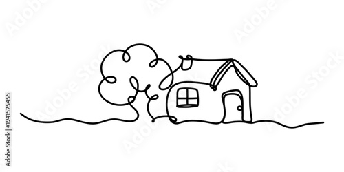 Minimal continuous line drawing of cozy house with tree in simple outline style, home and nature concept illustration for peaceful living, architecture, lifestyle and design