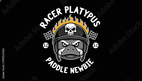 Platypus Wearing Racing Helmet with Skull.