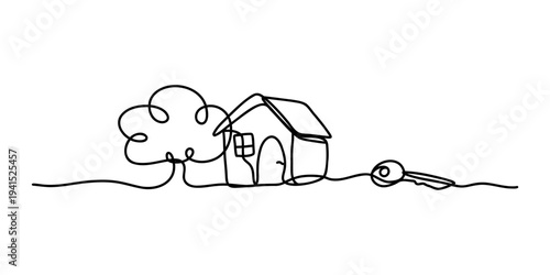 Continuous line drawing of smart home with cable plug connecting house and tree, minimal outline illustration representing electricity supply, modern technology and eco energy