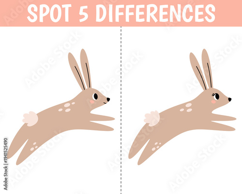 Cute rabbit in cartoon style. Find 5 differences. Educational matching animal game for children. Printable worksheet with solution for school and preschool. Vector cartoon illustration.