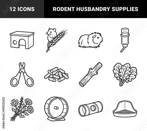 Small pet care and rodent husbandry supplies featuring guinea pig and hamster essentials. Thick line art pictograms for veterinary and animal welfare guides.