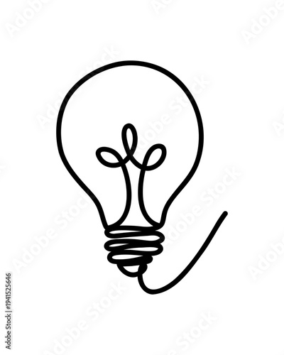 Minimal continuous line drawing of light bulb with glowing filament in simple outline style, creative idea concept illustration for innovation design, startup thinking symbol