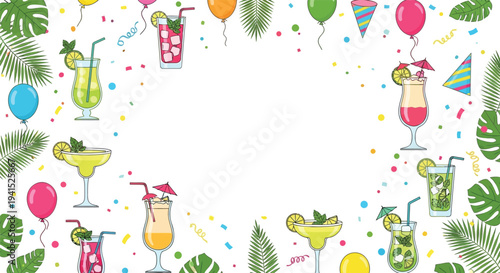 Set of colorful cocktail glasses and tropical leaves vector pattern
