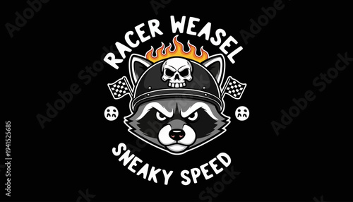Racoon Wearing Racing Helmet with Skull.