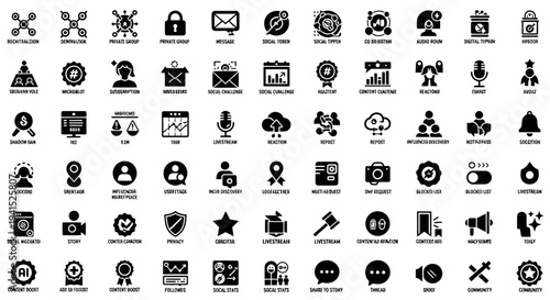 Social Media Management and Digital Privacy Solid Icons Set on Isolated White Background