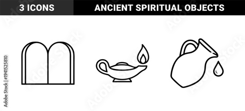 Ancient spiritual and religious ceremonial objects featuring oil lamp burning flame stone tablets and pouring water pitcher in bold monoline style.