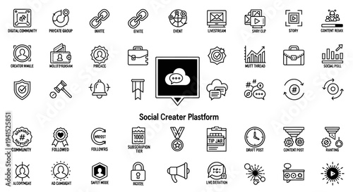 Social Creator Platform Digital Marketing and Community Management Line Icons Set on Isolated White Background