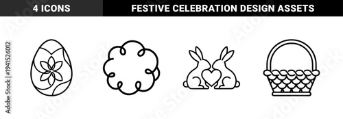 Easter celebration and spring holiday symbols featuring floral egg, wicker basket, and kissing bunnies. Technical monoline aesthetic with uniform stroke weight and clean geometric curves.
