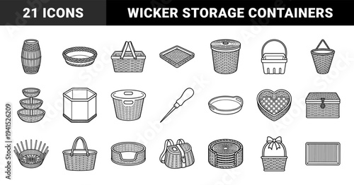 Woven wicker storage and lifestyle organization elements. Minimalist monoline illustrations featuring picnic baskets, hampers, trays, and traditional weaving tools.