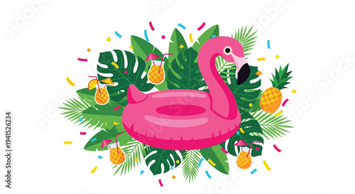 Vector tropical summer party illustration with pink flamingo float