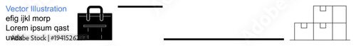 Business operations, logistics, supply chain, corporate strategy, organizational tools, transportation. Black briefcase icon, connecting line and stacked boxes. Business operations and logistics