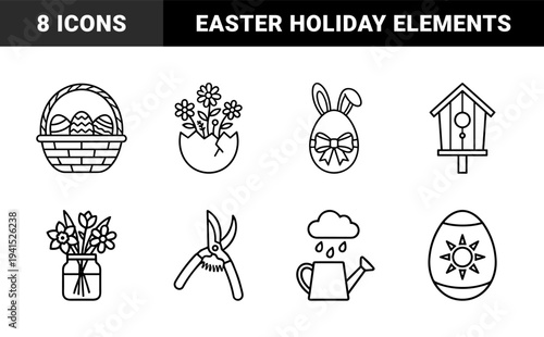 Spring seasonal gardening and Easter celebration elements featuring line art flowers, decorated eggs, birdhouse, and horticultural pruning shears.