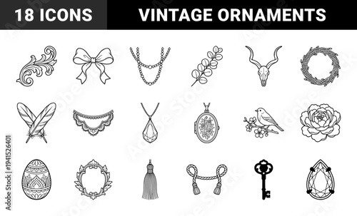 Vintage aesthetic elements and decorative ornaments featuring classical flourishes, botanical motifs, and antique jewelry for elegant branding and stationery design.