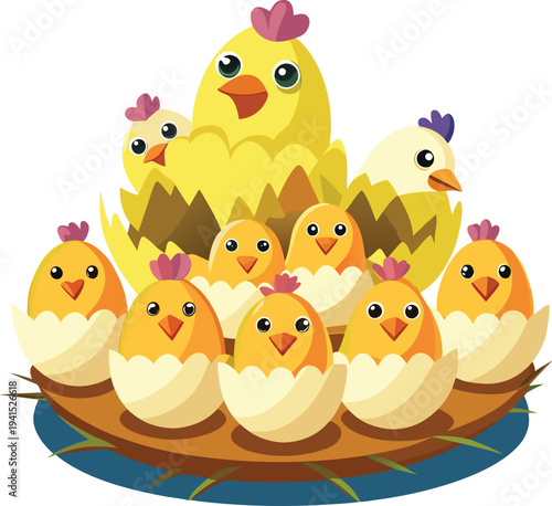 Decorative Easter Chicken with cute babies in Flat Design Style, Vector Illustration of Baby and Mother Chicken 