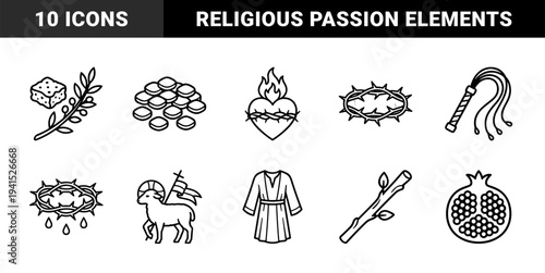Christian passion symbols and lenten religious metaphors. Technical monoline religious elements for theological education and church branding.
