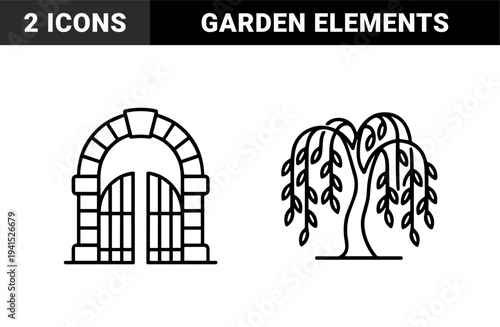 Stone archway and weeping willow tree for garden design and cemetery landscaping. Minimalist monoline symbols representing heritage and nature.
