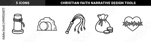 Easter passion week narrative symbols and religious observance elements. Thick monoline black and white graphics for lurgical education and faith-based storytelling.