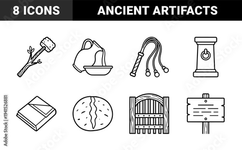Historical artifacts and ancient lifestyle symbols in a technical monoline aesthetic. Precise 1.5pt stroke weight illustrations of medieval tools, pottery, and agrarian elements.