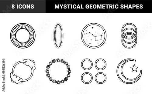 Celestial and geometric monoline design elements for mystical branding. Minimalist linear symbols featuring crescent moon, star constellations, and concentric circular frames.
